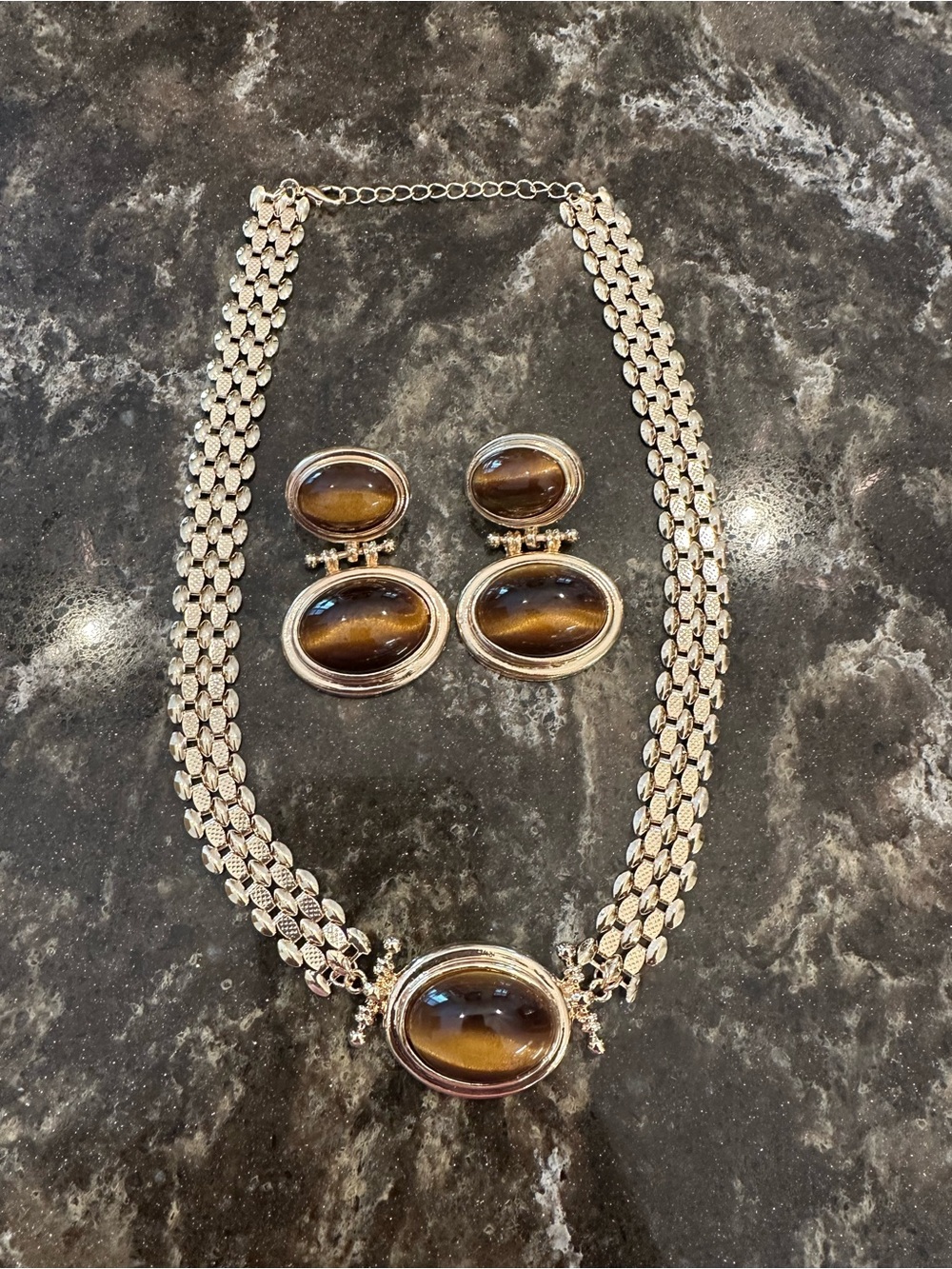 Gold-Tone Brown Cabochon Necklace & Earring Set